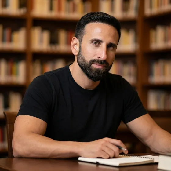 Eduardo Andres Oreste sitting at a desk in front of bookshelves